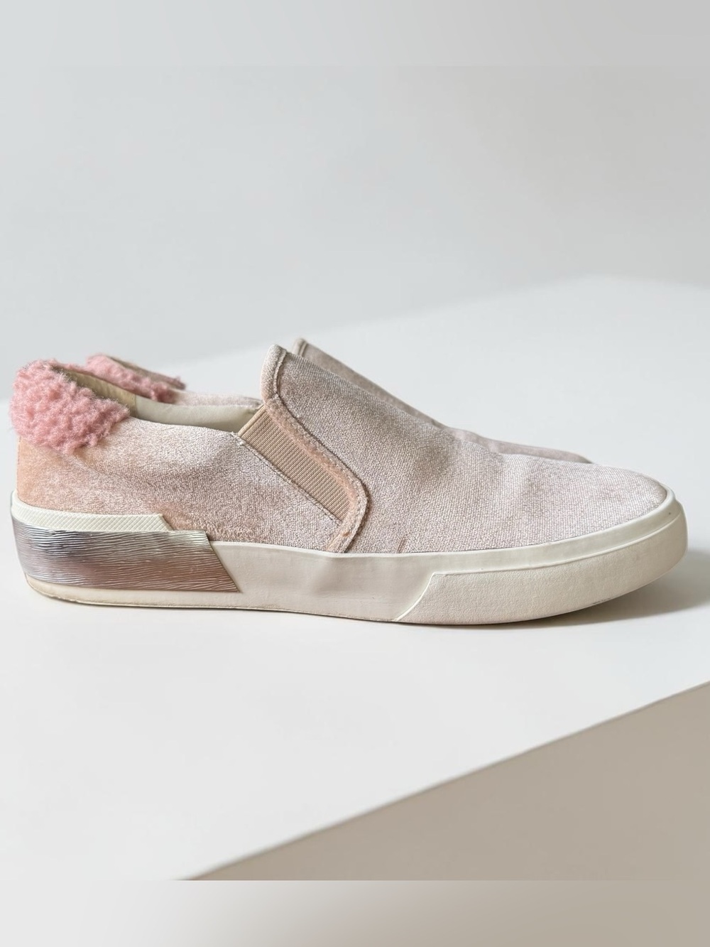 Dolce Vita Velvet Slip On Sneakers in Blush Pink with Shearling Trim Micro Wedge